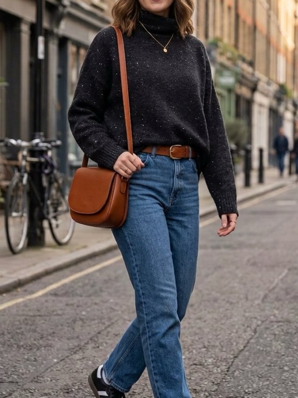 Black Speckled Knit Sweater - Cozy Funnel/Mock Neck